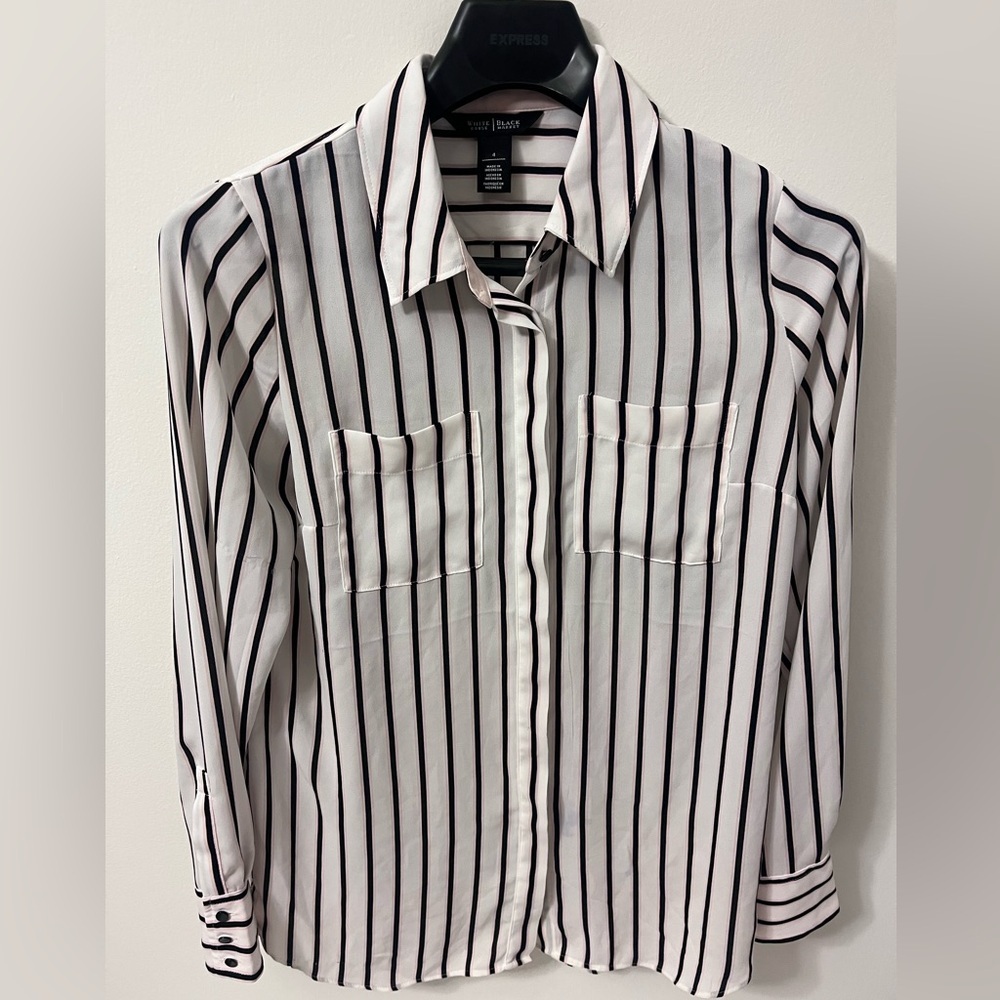 White House Black Market Pink White and Black Striped Button Down Shirt